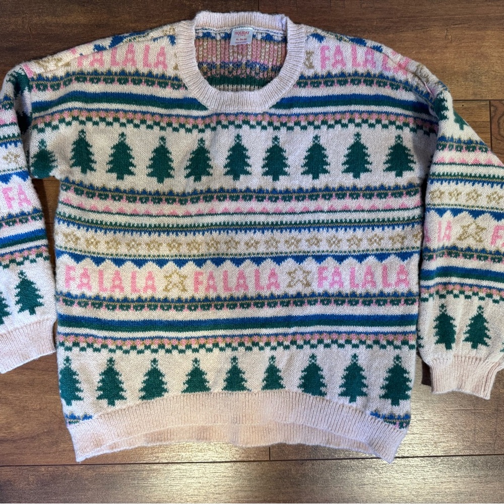 Holiday Time Festive Light Pink and Green Crewneck Sweater
